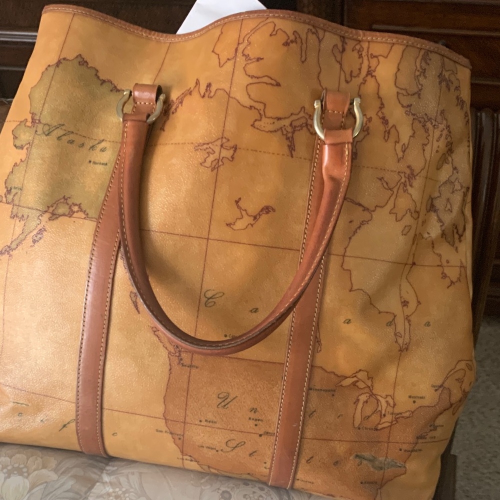 World Map Leather Satchel in Tan and Brown